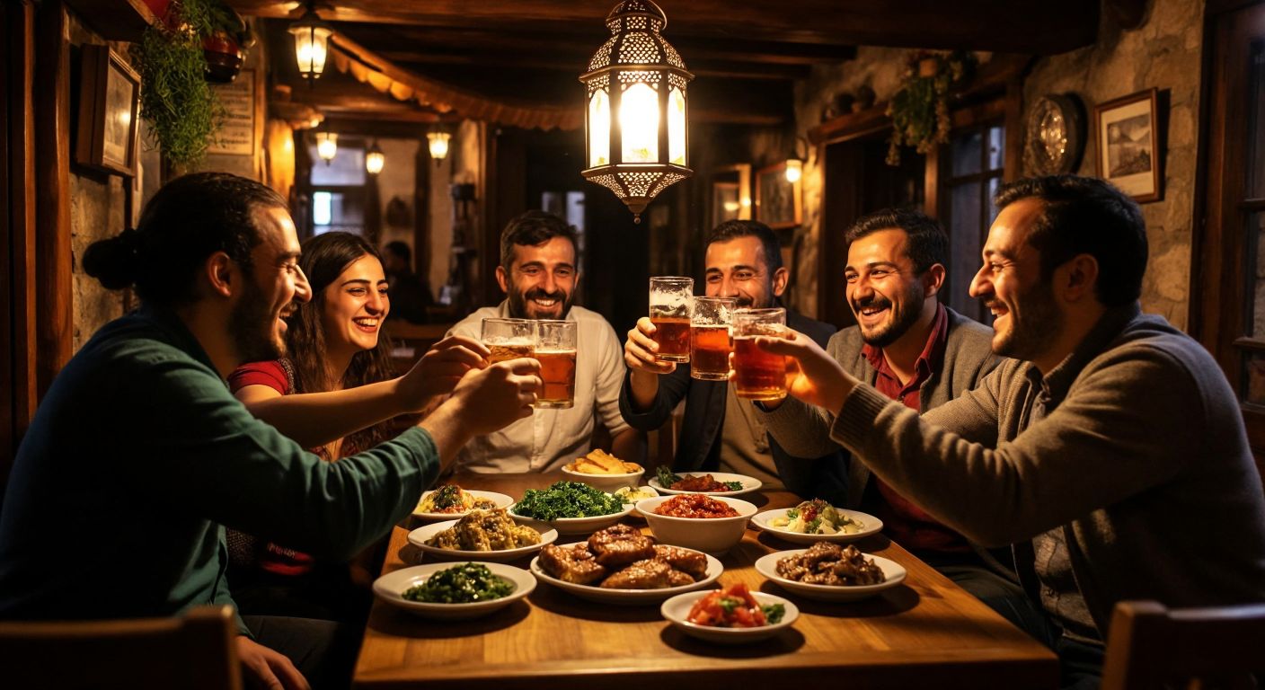 A rustic Turkish tavern with a group of smiling locals clinking glasses of amber-colored *cemiyet kanyak* under warm lantern light, surrounded by plates of meze.