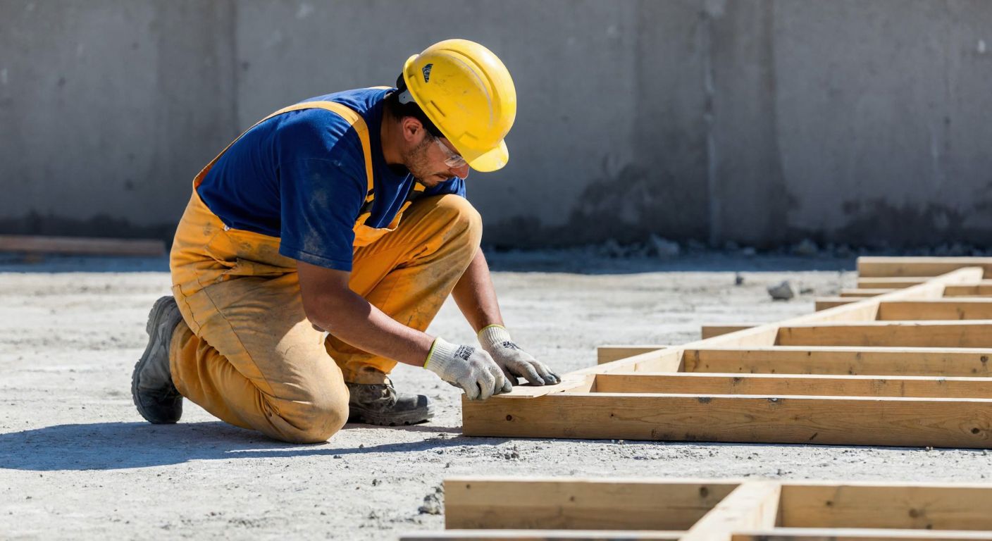 A construction worker in a yellow hard hat and dusty overalls kneels on a rough concrete floor, carefully measuring and assembling wooden formwork under the warm Turkish sun.