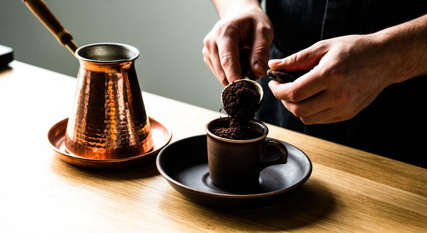 A close-up of a Turkish barista’s hands finely grinding dark coffee beans into a fine, even powder, with a traditional copper cezve and small espresso cup nearby on a wooden table.