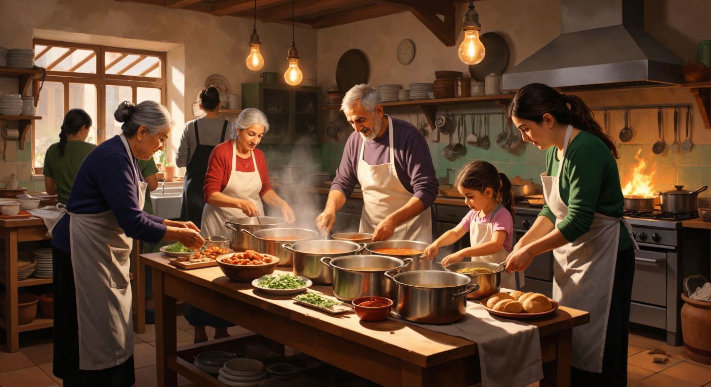 A warm Turkish kitchen with volunteers in aprons preparing steaming pots of soup and packing bread baskets, while elderly people and children with hopeful expressions wait at a long wooden table.