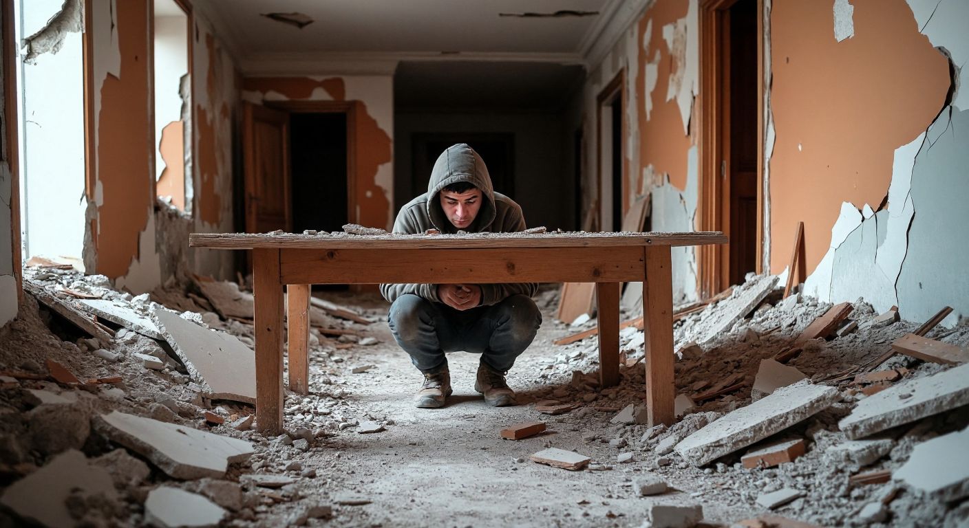 A person crouching protectively under a sturdy wooden table in a crumbling Turkish home during an earthquake, with debris forming a triangular void around them.