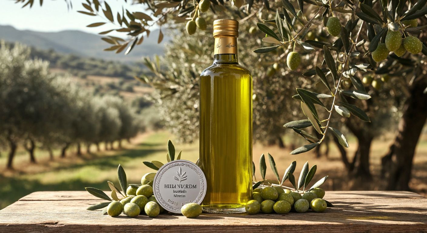 A golden-green bottle of Hilmi Yıldırım olive oil with a silver medal resting beside it, surrounded by fresh Memecik olives and olive branches on a rustic wooden table in a sunlit Turkish grove.