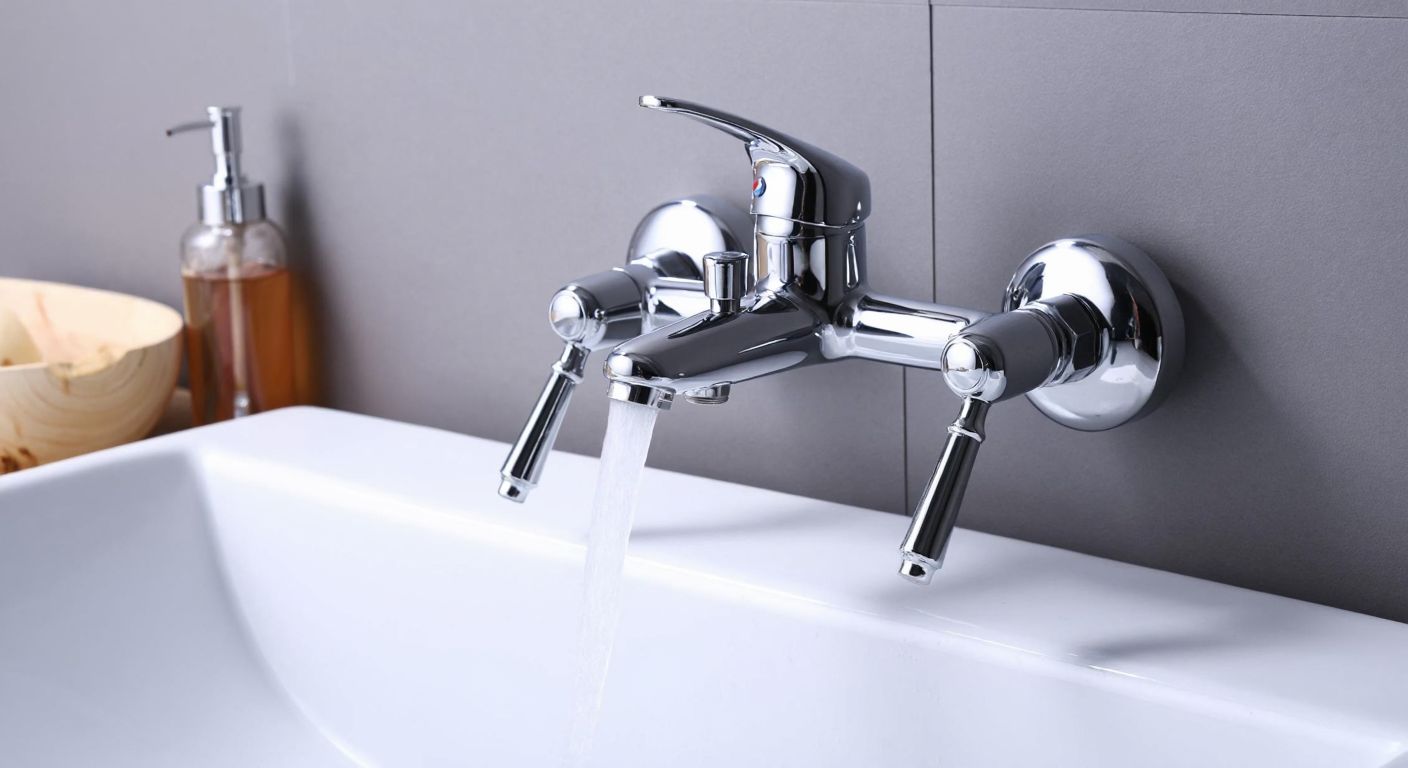 A polished chrome double-outlet bidet faucet mounted on a clean white bathroom wall, with water gently flowing from both spouts into a traditional Turkish-style washbasin.