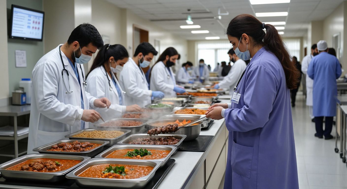 A bustling hospital cafeteria in Turkey with trays of steaming traditional dishes like lentil soup and kebabs, surrounded by doctors and visitors checking printed menus.  

(Note: The description avoids text by implying menus are present without depicting written content.)