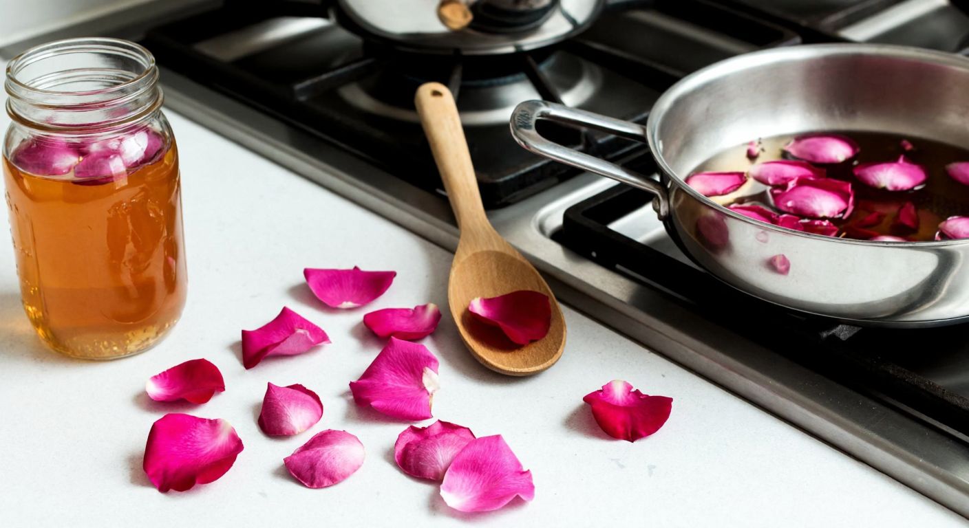 A Turkish kitchen counter with fresh pink rose petals scattered near a glass jar filled with vinegar, a wooden spoon resting beside it, and a small pot simmering rose-infused water on a stove.