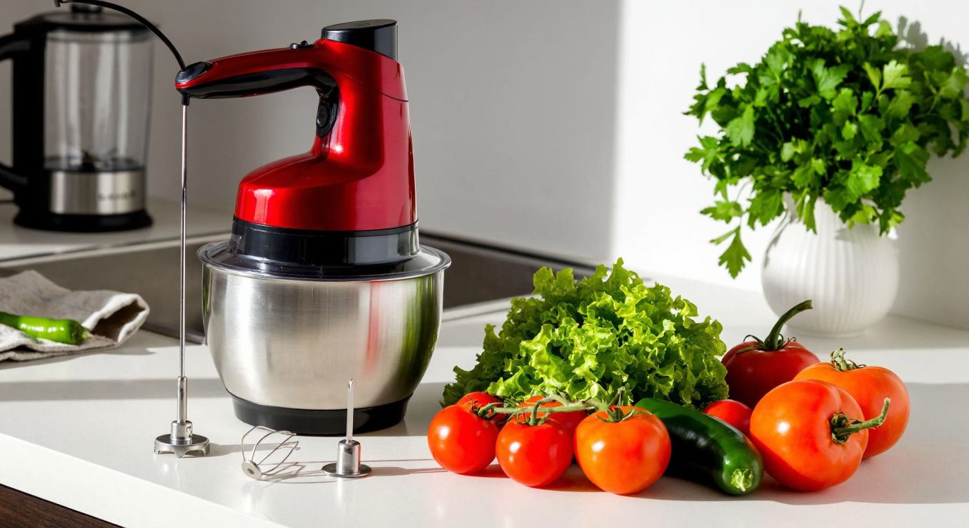 A modern red and black hand blender whirring smoothly as it chops fresh vegetables in a stainless steel bowl on a sunlit Turkish kitchen counter, surrounded by vibrant tomatoes, peppers, and parsley.