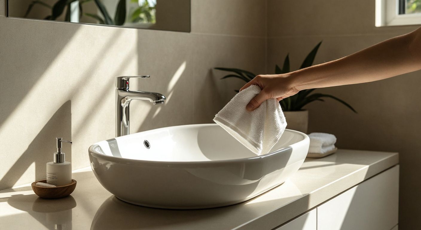 A gleaming white ceramic sink with smooth curves sits in a sunlit Turkish bathroom, its polished surface reflecting light while a hand gently wipes it with a soft cloth, emphasizing durability and cleanliness.