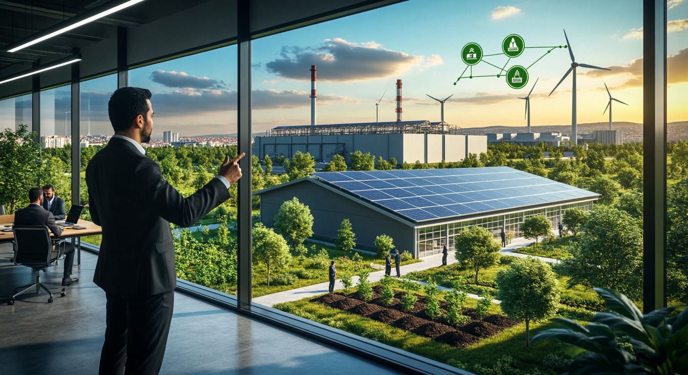 A Turkish businessperson in a modern office gestures toward a green supply chain diagram, while a factory with solar panels and workers planting trees is visible through the window, symbolizing environmental, economic, and social sustainability.