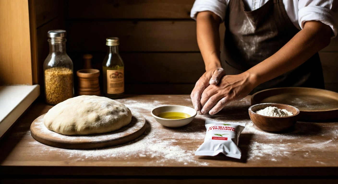 A warm, rustic Turkish kitchen with a wooden countertop covered in buckwheat flour, where hands knead a golden-brown dough next to a bowl of olive oil and a small packet of yeast.