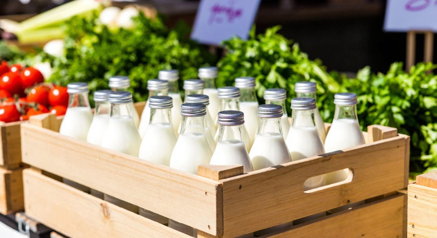 A wooden crate filled with small glass bottles of frothy white ayran, placed on a sunlit market stall with fresh herbs and vegetables in the background.