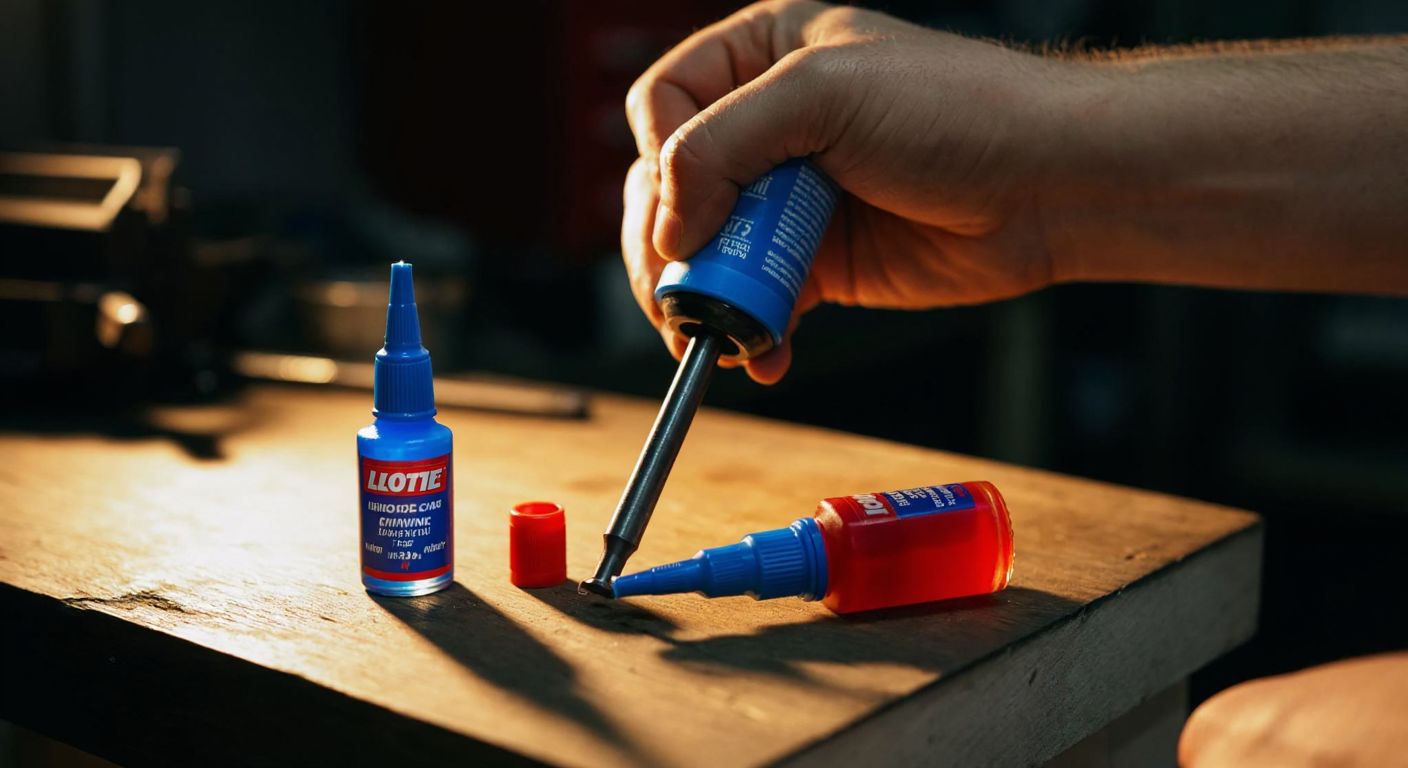 A close-up of a mechanic's hands in a dimly lit Turkish workshop, carefully applying blue Loctite threadlocker to a bolt while a small red bottle sits nearby on a wooden workbench.