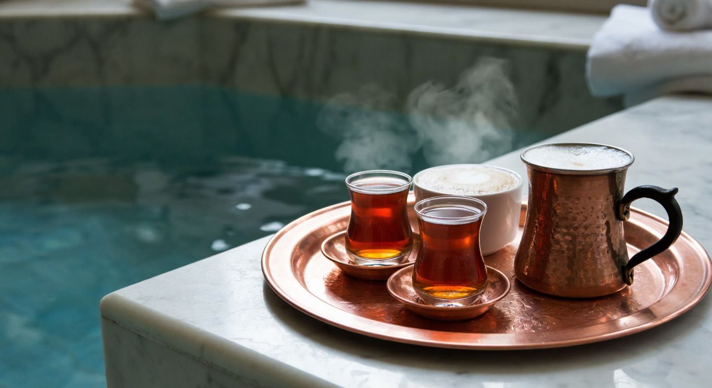 A steamy traditional Turkish hamam with a copper tray holding small tulip-shaped glasses of hot tea, a steaming cup of Turkish coffee, and a mug of frothy hot cocoa, all resting on a marble bench beside folded towels.
