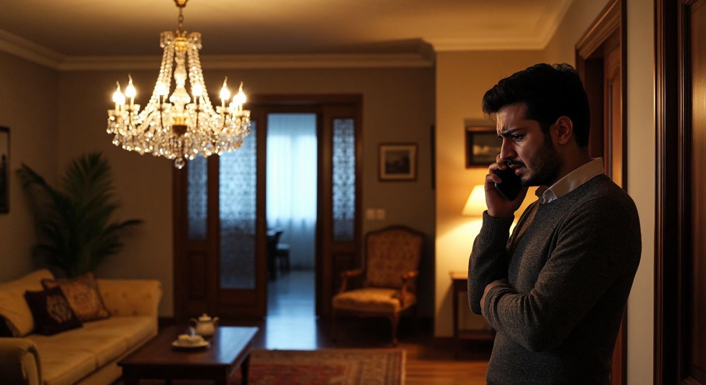 A split image showing a warmly lit, elegant chandelier in a cozy Turkish living room on one side, and a frustrated customer on the phone in a dimly lit hallway on the other.