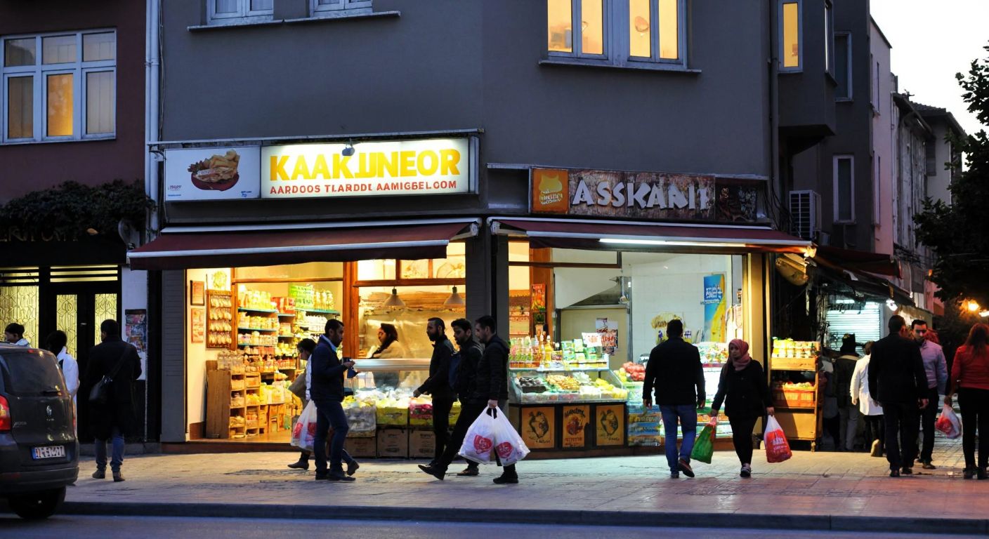 A bustling Istanbul street scene with two small, well-lit convenience stores—one in Kadıköy with a modern facade and another in Aksaray with a slightly weathered sign, both surrounded by shoppers carrying bags of groceries under warm evening lights.