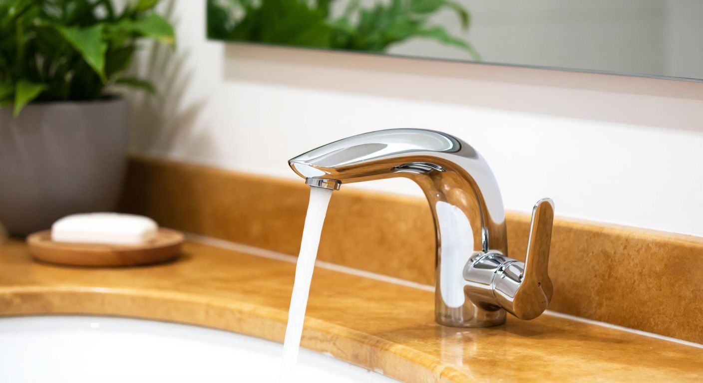 A sleek, modern sensor faucet in a Turkish bathroom setting, with water flowing automatically as hands approach, reflecting cleanliness and efficiency.