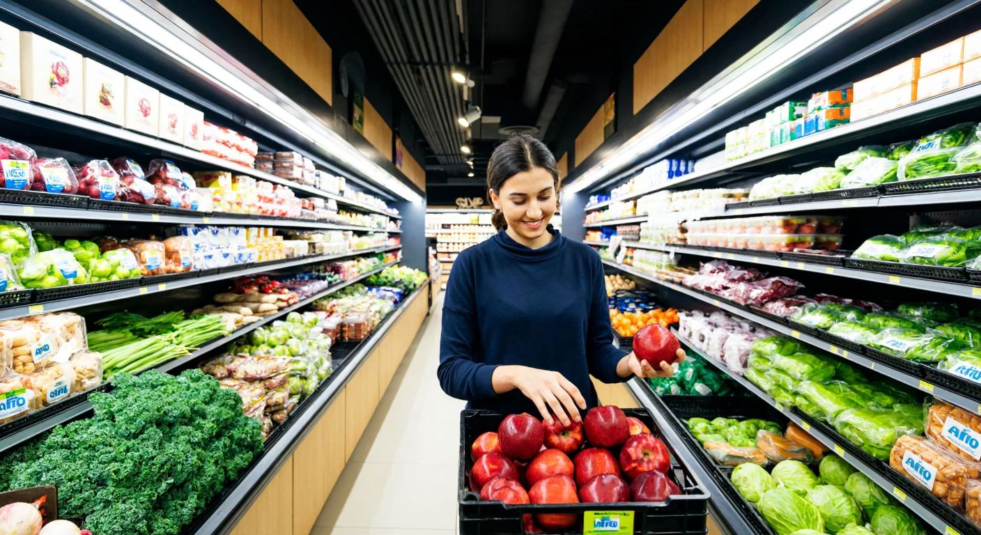 A well-lit Metro Market aisle in Turkey, filled with neatly arranged fresh produce, packaged goods labeled "Aro" and "Metro Chef," and a smiling shopper inspecting a ripe red apple.