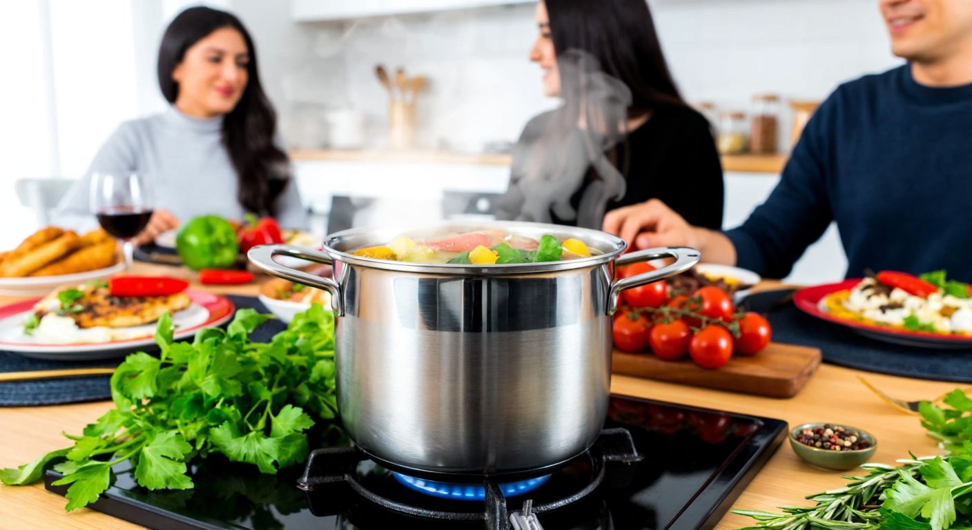 A stainless steel pot with steam rising sits on a stove, surrounded by fresh vegetables and herbs, while a Turkish family of four gathers around a dining table set with colorful plates and traditional dishes.