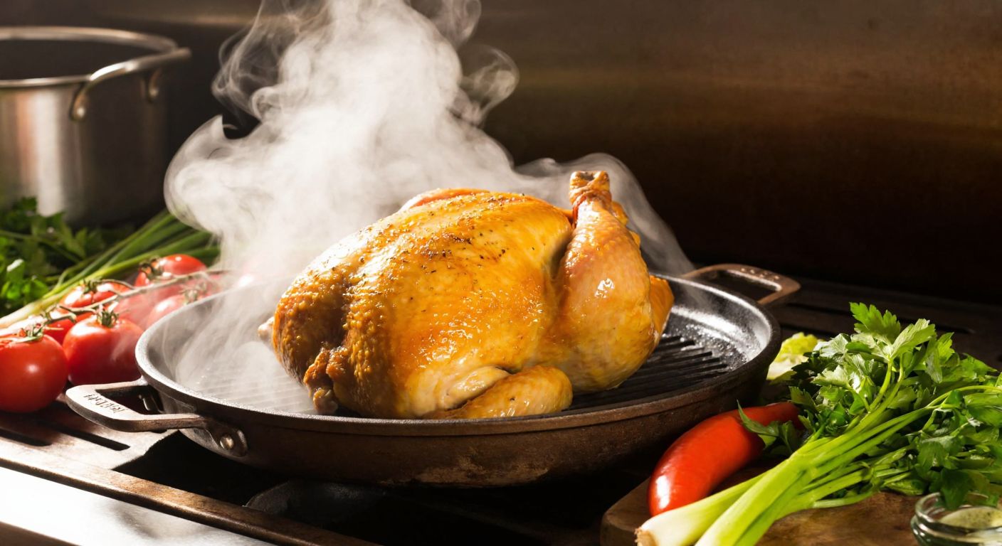 A golden-brown split chicken sizzling in a traditional Turkish oven, surrounded by fresh herbs and vegetables, with steam rising and a warm kitchen light casting a cozy glow.