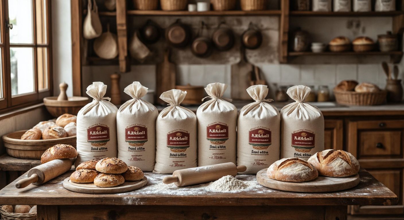 A rustic wooden table in a Turkish kitchen holds several sacks of flour labeled with different brand names, surrounded by freshly baked bread and a rolling pin, evoking warmth and tradition.