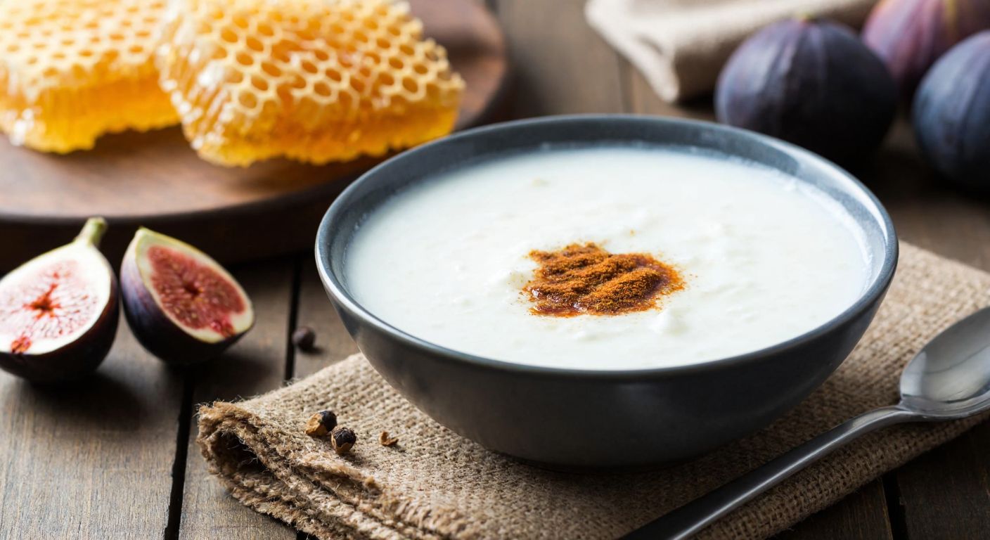 A warm, creamy bowl of yogurt dusted with fragrant cinnamon sits on a rustic wooden table, surrounded by fresh figs and honeycomb, evoking comfort and health in a Turkish home.