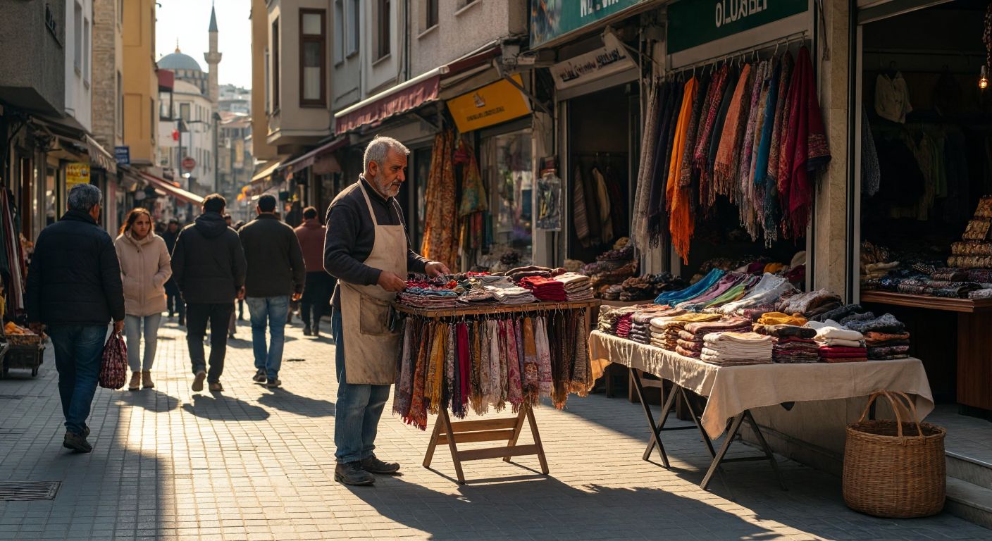 A bustling Turkish street scene with a middle-aged vendor in a worn apron energetically displaying colorful scarves and trinkets on a foldable wooden stand, surrounded by curious passersby under the warm glow of a setting sun.