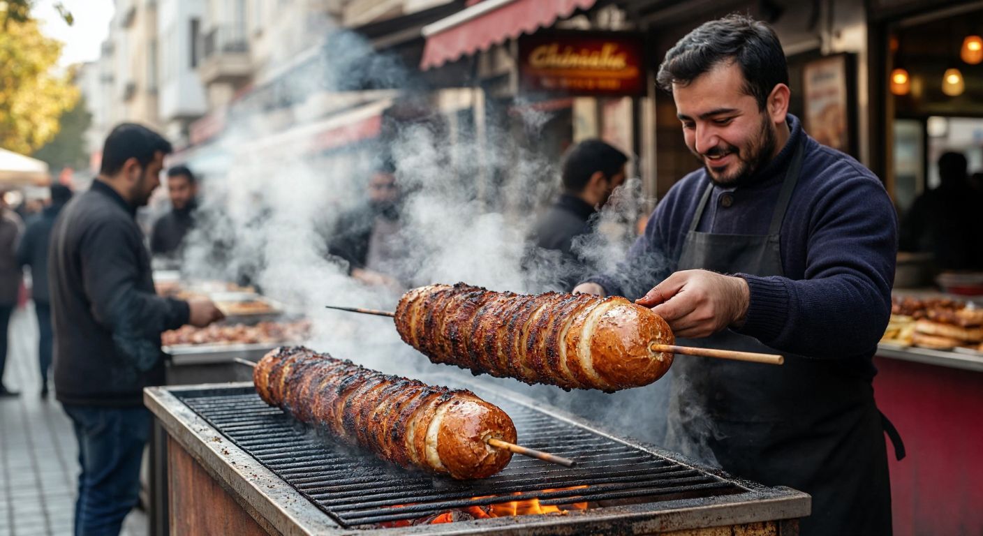 A street vendor in Turkey grills sizzling kokoreç on a skewer, serving a generous portion stuffed into three-quarters of a crusty bread loaf, with steam rising and a satisfied customer eagerly holding it.