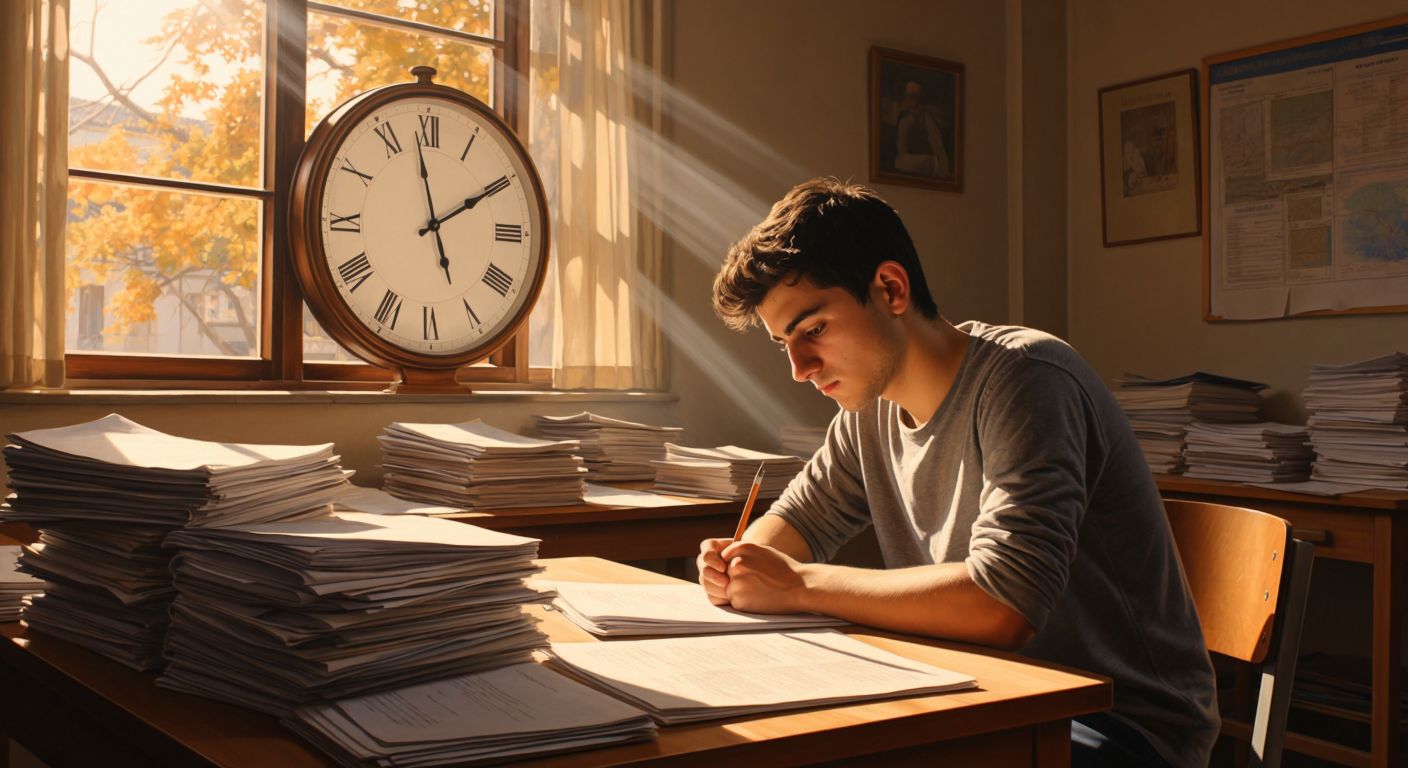 A focused student in a Turkish classroom, sitting at a wooden desk with a pencil in hand, surrounded by stacks of papers and a ticking wall clock, while sunlight streams through the window.  

(Note: The clock is implied as part of the setting but not emphasized as a "representation of time," and the papers are blank to avoid text.)