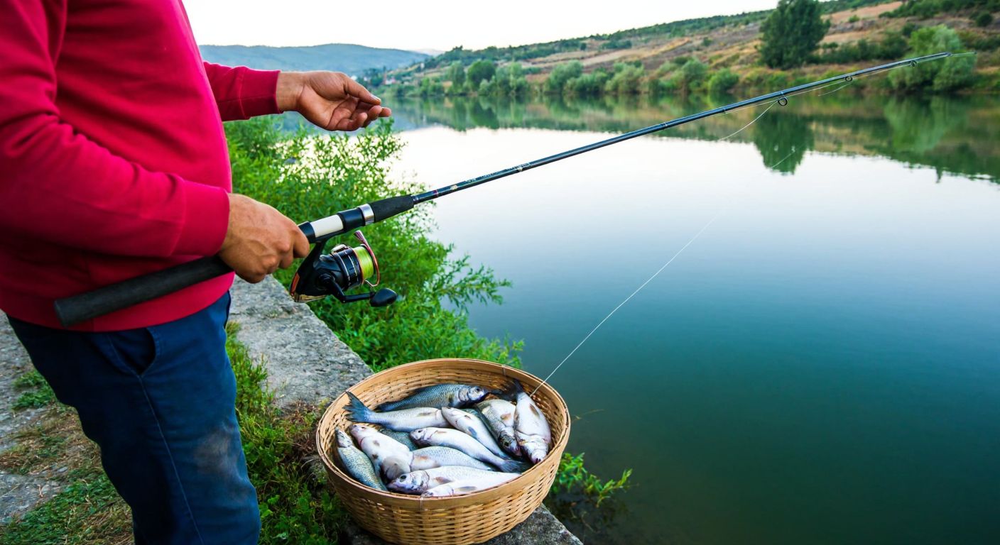 A fisherman in a traditional Turkish fishing village holds a lightweight spin fishing rod, examining its length and flexibility while standing near a calm riverbank with a woven basket of fresh fish beside him.