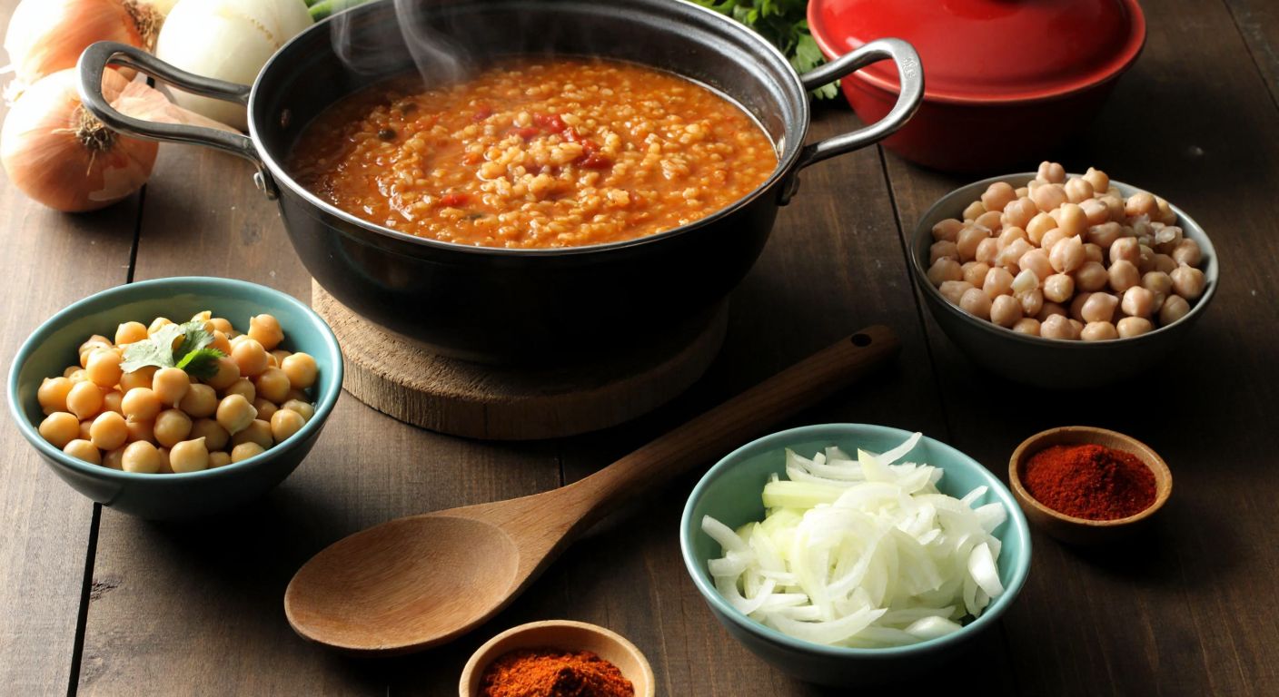 A warm, rustic Turkish kitchen scene with a steaming pot of yarma aşı (cracked wheat stew) on a wooden table, surrounded by bowls of soaked chickpeas, beans, chopped onions, and spices, with a wooden spoon resting beside it.
