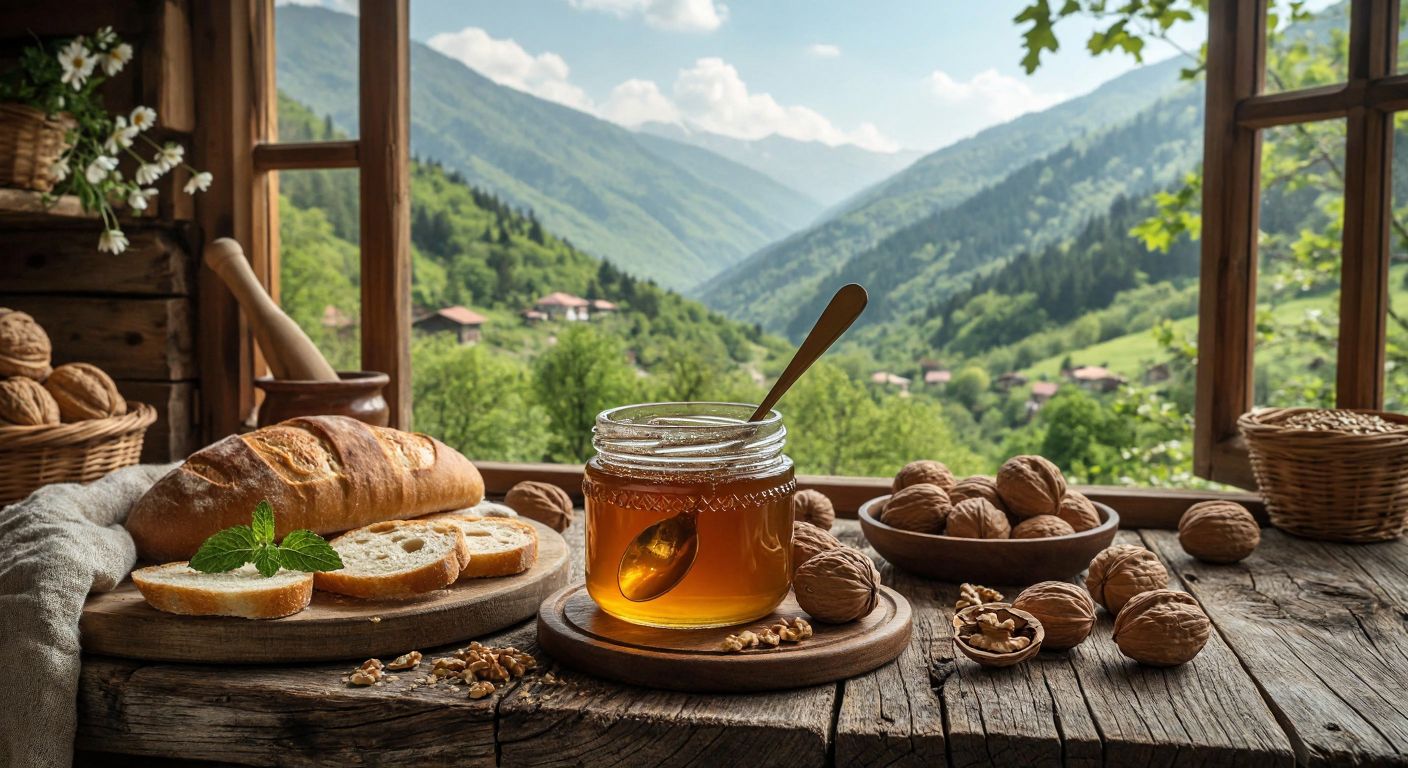 A rustic wooden table in a cozy Turkish kitchen holds a golden jar of Macahel honey with a spoon dipped in it, surrounded by fresh bread and walnuts, with Artvin's lush green mountains visible through the window.