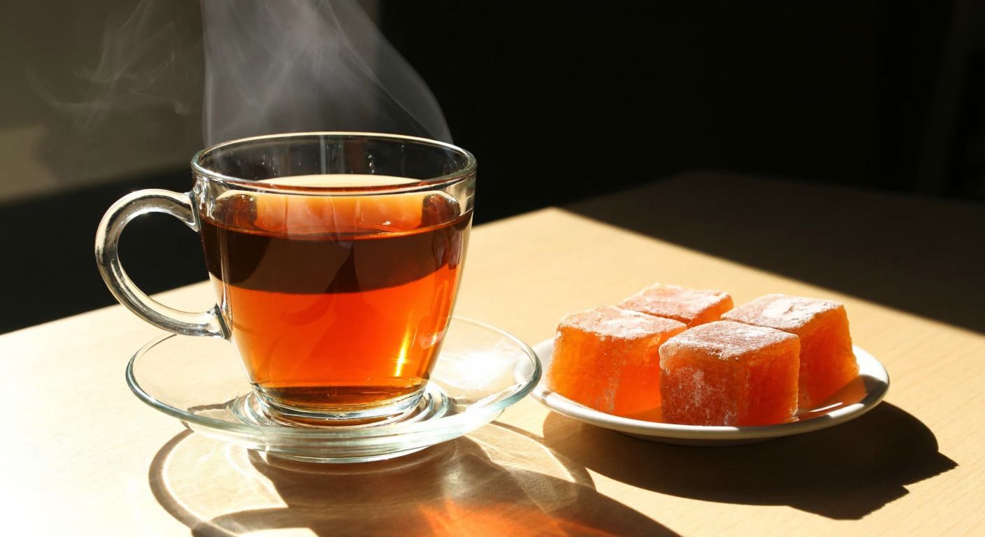 A clear glass teacup with a handle, filled with steaming amber tea, rests on a saucer beside a small plate of Turkish delight, with sunlight filtering through the tea to highlight its rich color.