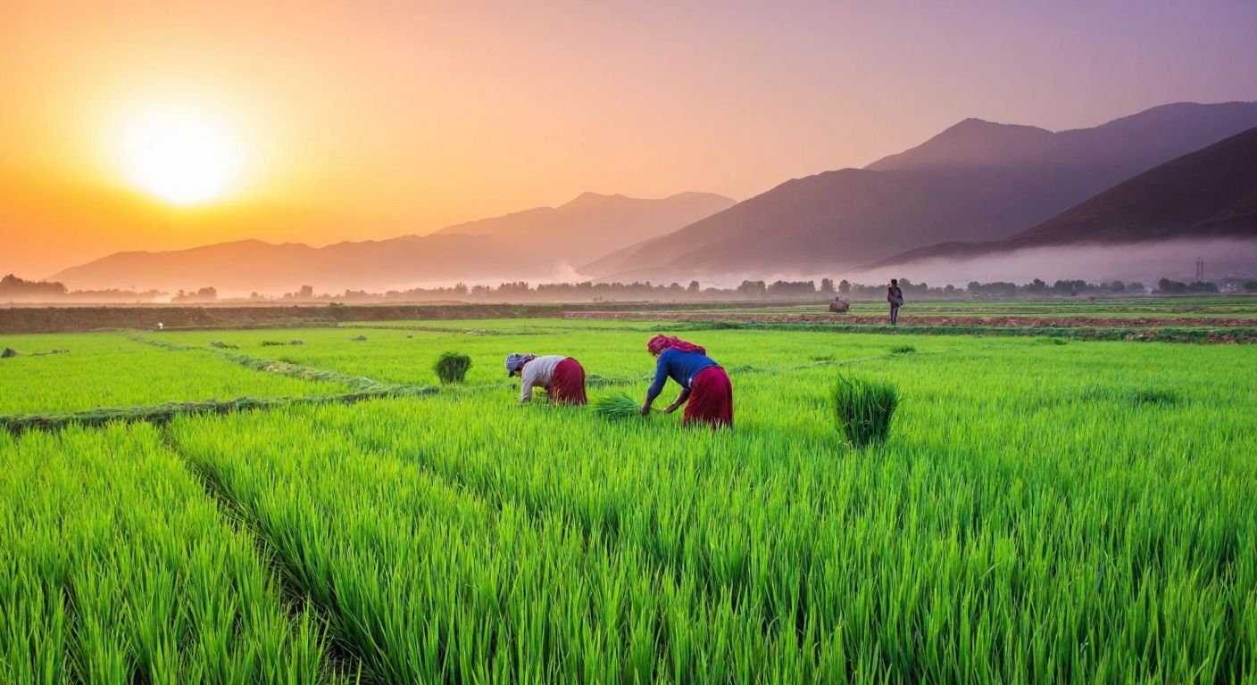 A lush green rice field under a golden sunset in northern Iran, with misty mountains in the background and farmers in traditional clothing tending to the crops.
