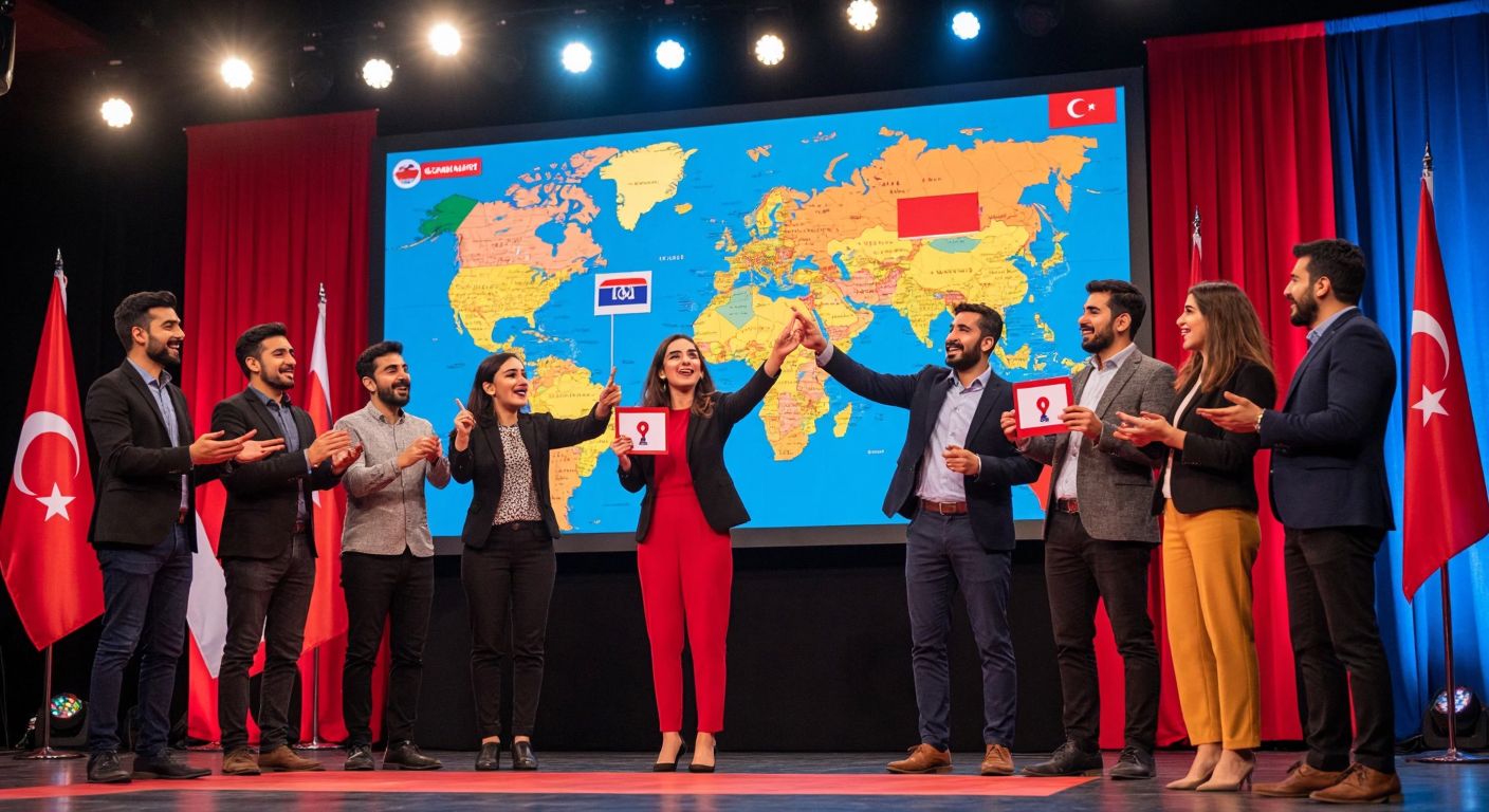 A lively quiz show stage in Turkey with excited contestants pointing at a large map of the country, surrounded by colorful provincial flags and a host holding a question card.