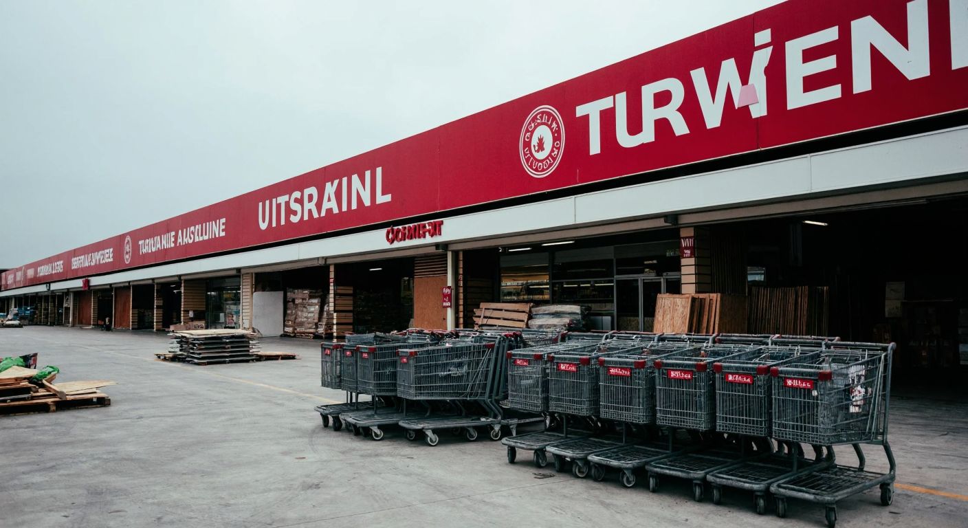 A desolate, shuttered supermarket with faded Turkish signage, surrounded by empty shopping carts and a few scattered construction materials, under a gloomy sky.