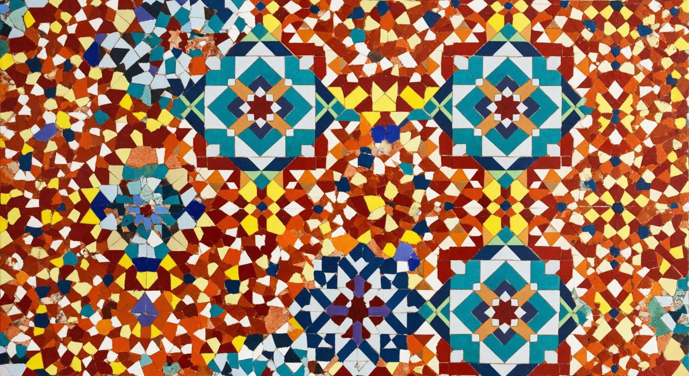 A vibrant mosaic of interlocking geometric shapes—hexagons, triangles, and squares—in warm earthy tones resembling traditional Turkish tilework, seamlessly covering a flat surface with no gaps, evoking harmony and mathematical beauty.