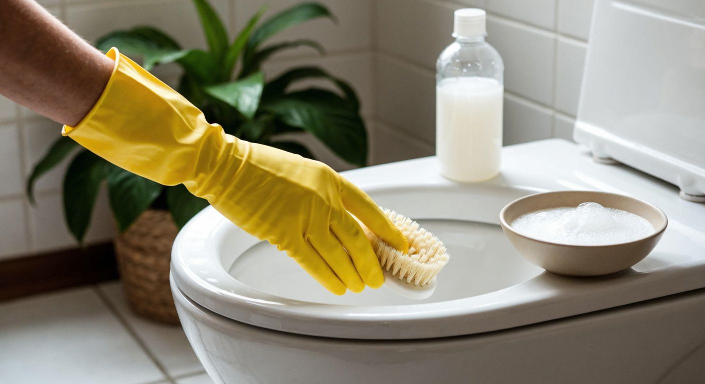 A pair of hands wearing yellow rubber gloves gently scrubbing a white bidet with a soft-bristled toothbrush, while a bottle of white vinegar and a bowl of soapy water sit nearby on a tiled bathroom counter.