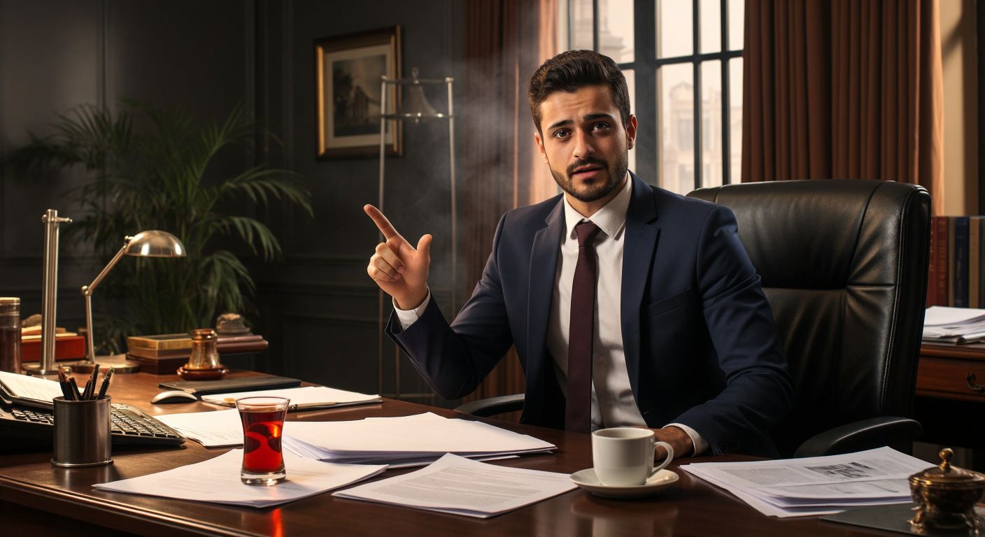 A young professional in a Turkish office setting maintains respectful eye contact with his boss’s son while gesturing confidently, surrounded by paperwork and a steaming cup of Turkish tea on the desk.
