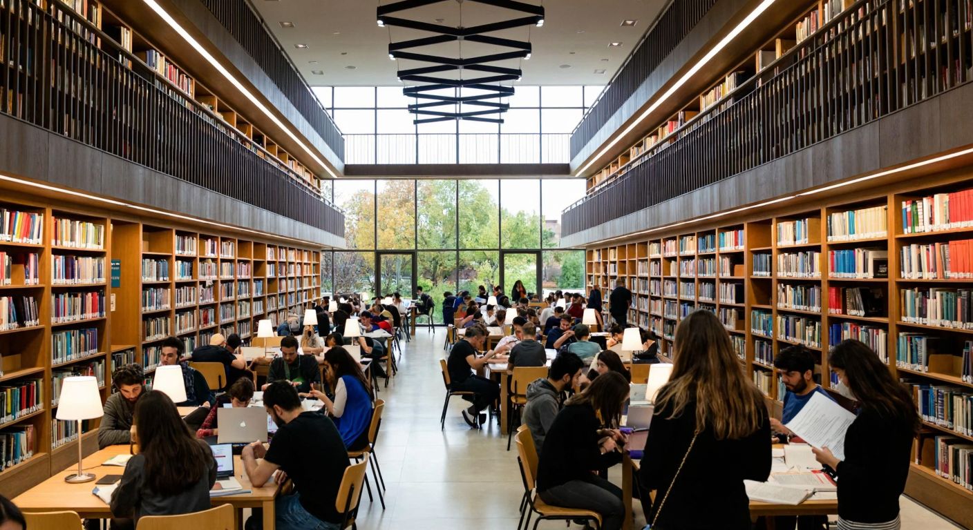 A bustling modern university library in Ankara, filled with diverse students and researchers quietly studying among tall bookshelves, while a librarian assists a visitor holding an official document.