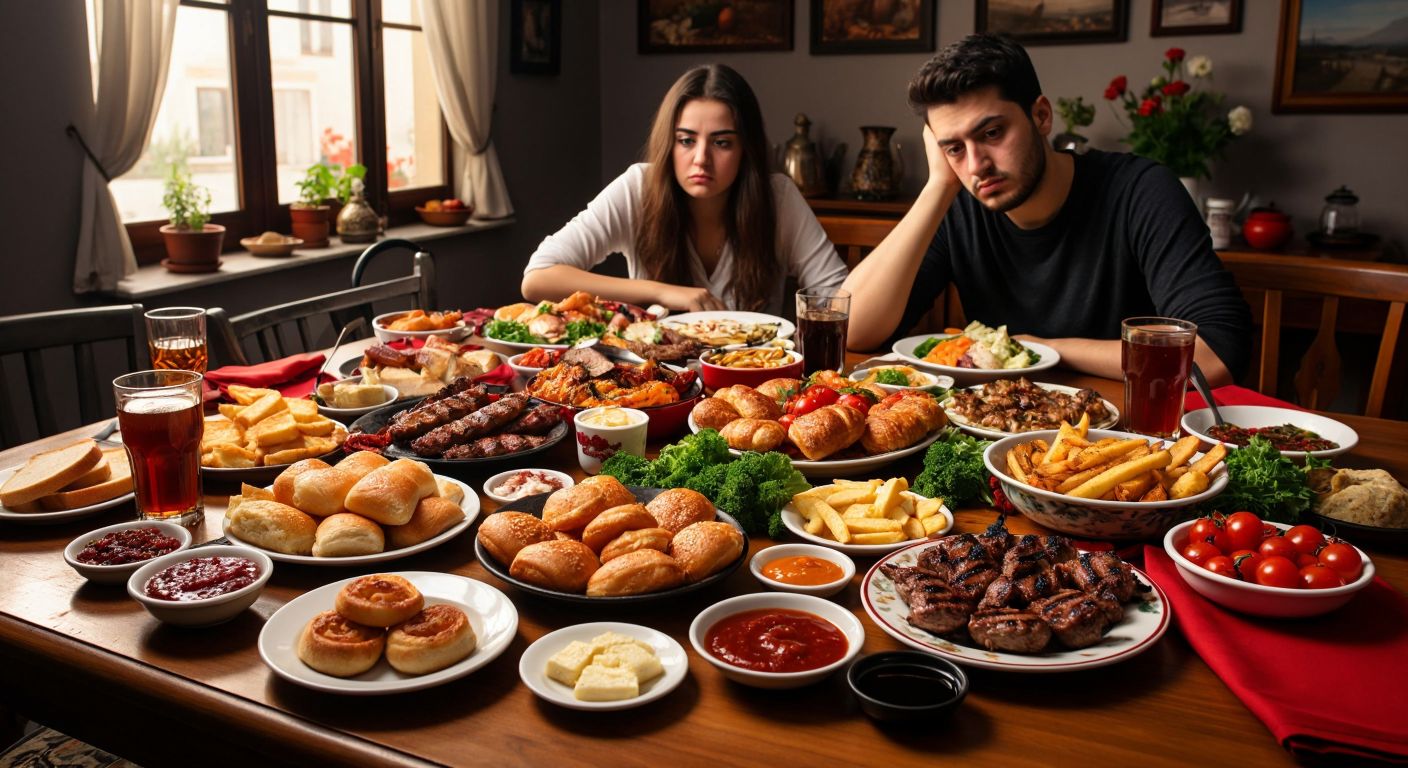 A Turkish dining table cluttered with plates of sugary drinks, white bread, pastries, jams, packaged snacks, fried potatoes, and processed sauces, while a person frowns and pushes them away toward a healthier spread of fresh vegetables and grilled meats.