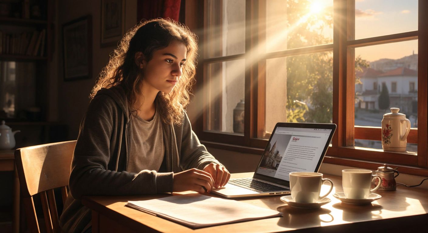 A young student in Turkey sits at a wooden desk with a laptop open, looking focused while sunlight streams through a window onto a steaming cup of çay, with a printed document titled "EYS Kılavuzu" partially visible beside them.