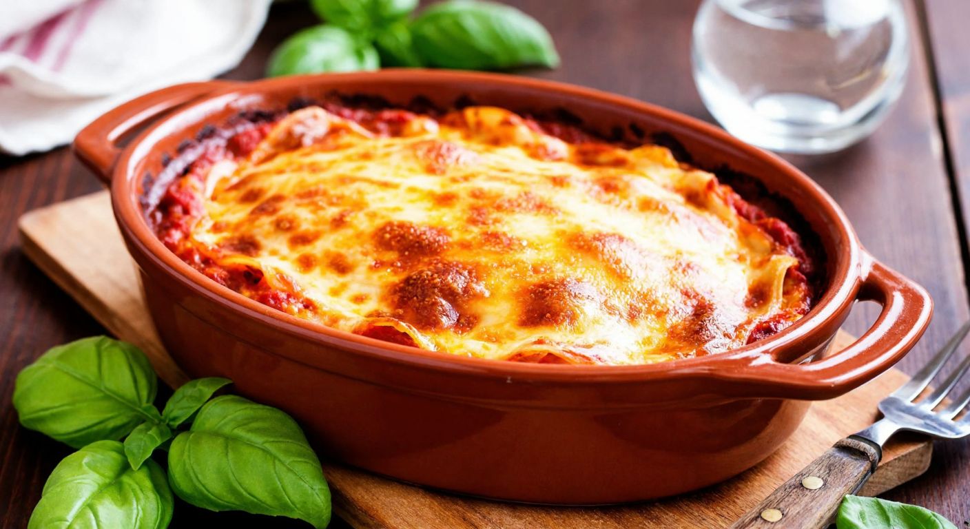 A warm, golden-brown lasagna sits in a ceramic baking dish on a rustic wooden table, surrounded by fresh basil leaves and a glass container nearby, evoking a cozy Turkish kitchen.