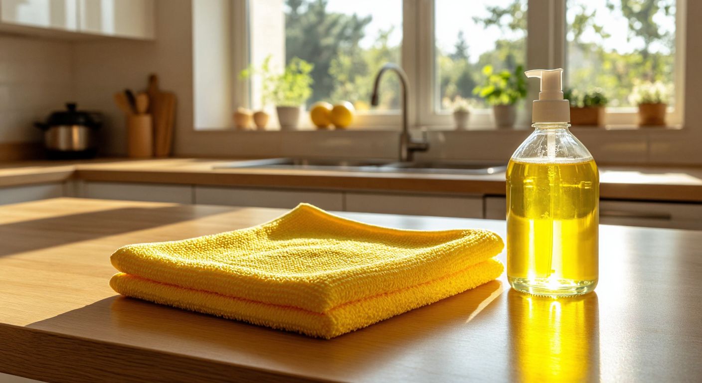 A bright yellow cleaning cloth with a textured surface lies on a wooden table next to a small bottle of liquid detergent, with sunlight streaming through a window onto a tidy Turkish home kitchen.
