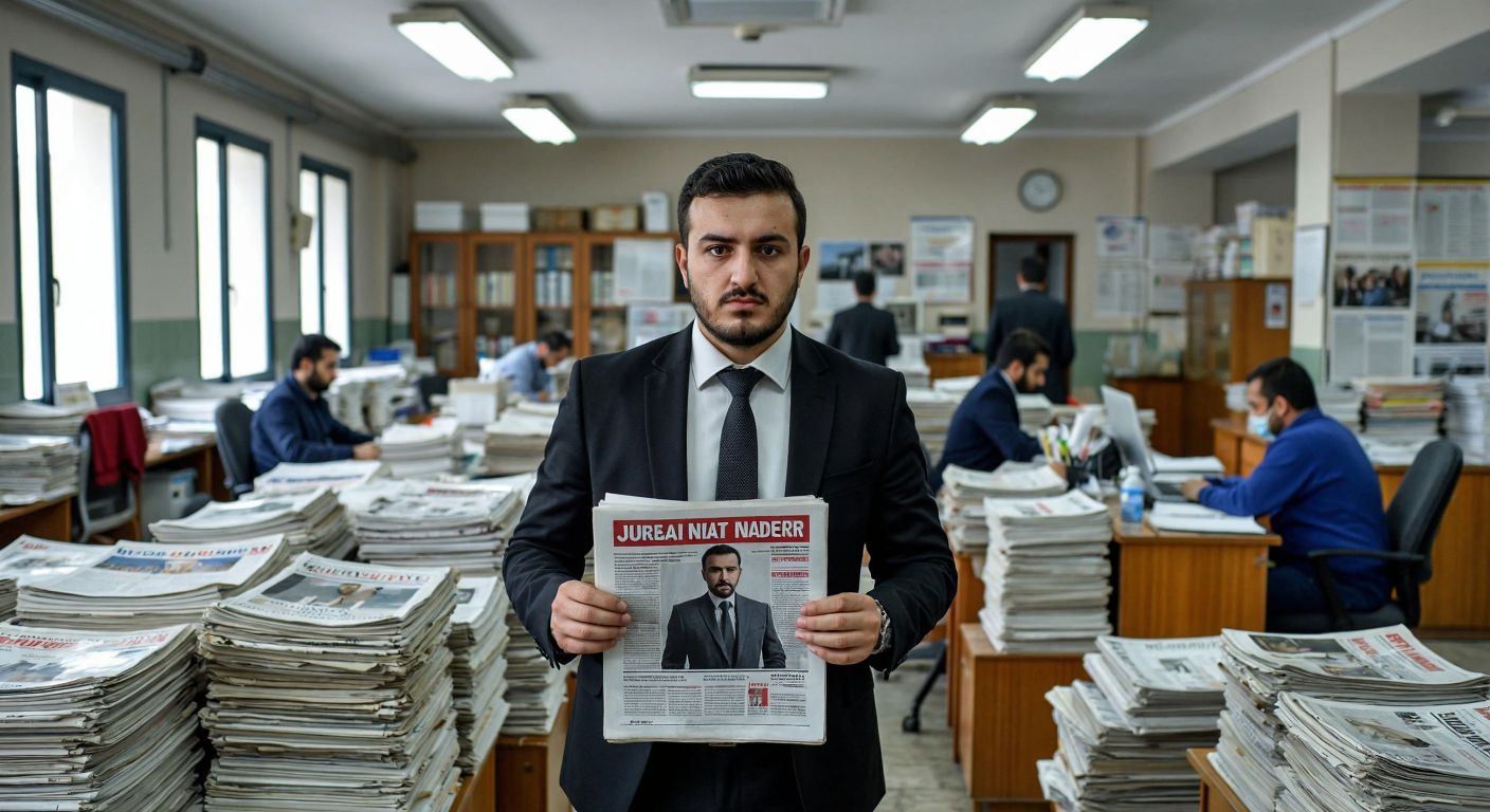 A bustling Turkish newspaper office in Konya, with a focused businessman in a suit holding a printed job advertisement, surrounded by stacks of newspapers and employees working at desks.