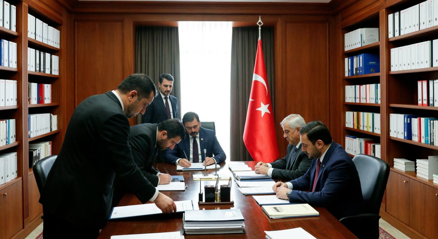 A solemn government office in Ankara with Turkish officials in formal attire reviewing documents, framed by the Turkish flag and a view of bureaucratic shelves filled with folders.