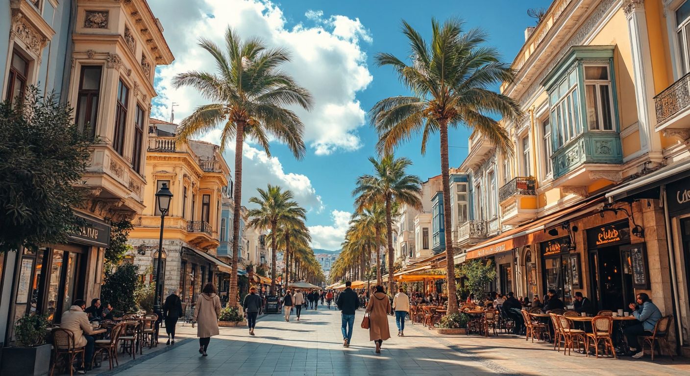 A vibrant Alsancak street in İzmir, with palm trees swaying under a partly cloudy sky, people in light jackets strolling past historic buildings, and a café terrace with steaming cups of Turkish tea, capturing the mild yet brisk atmosphere of the neighborhood.
