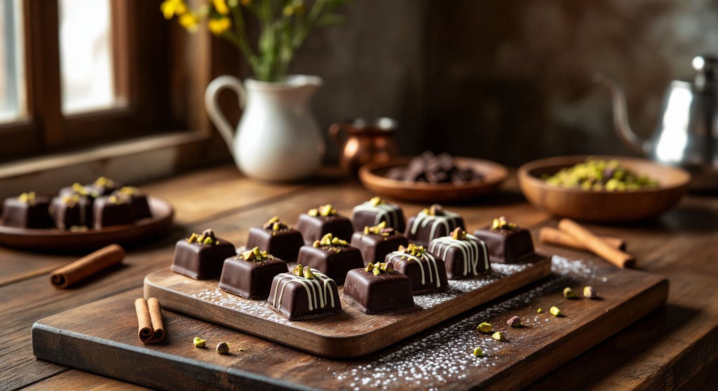 A warm, rustic Turkish kitchen with a wooden countertop displaying freshly made cinnamon pralines—glossy dark chocolate squares dusted with cinnamon, drizzled with white chocolate, and garnished with crushed pistachios.