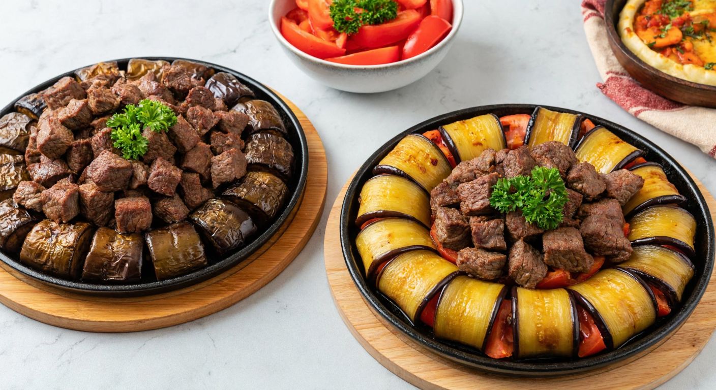 A rustic Turkish kitchen with a wooden table displaying two steaming dishes—one with tender cubed meat atop roasted eggplants, and the other with minced meat layered between golden eggplant slices, both garnished with fresh parsley.