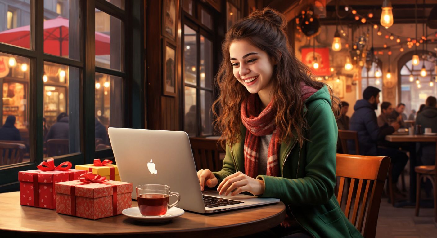 A cheerful young woman in a cozy Turkish café excitedly browses discount websites on her laptop, surrounded by colorful Denebunu gift boxes and a steaming cup of Turkish tea.