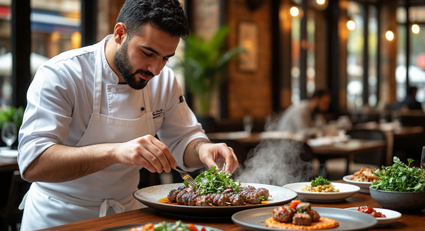 A refined chef in a white apron meticulously plating a gourmet dish with delicate garnishes, while a joyful diner nearby eagerly savors a steaming plate of kebabs in a cozy Turkish restaurant.