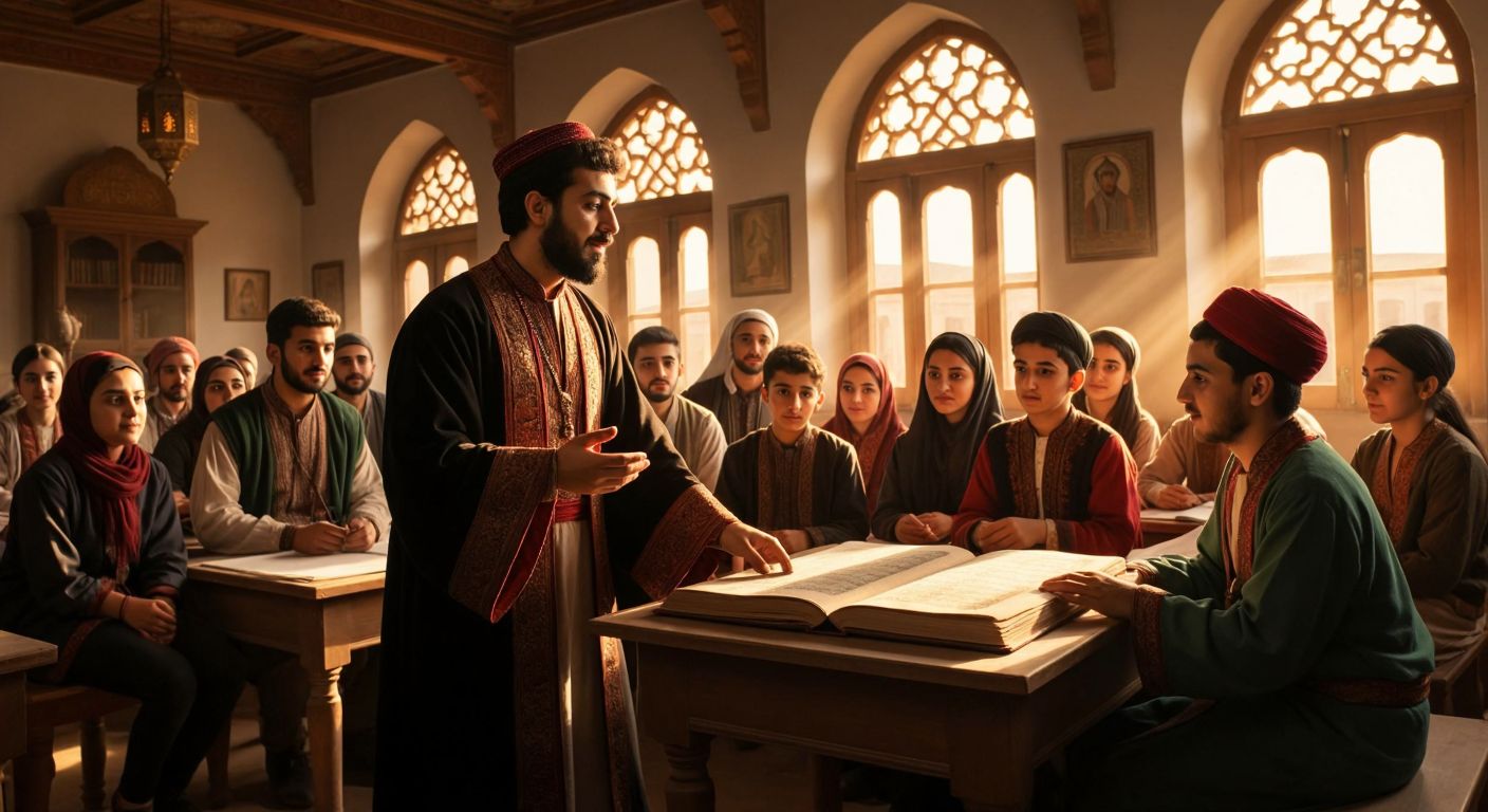 A group of diverse students in a traditional Turkish classroom attentively listening to an instructor holding an ornate Ottoman-era manuscript, with warm sunlight streaming through arched windows.
